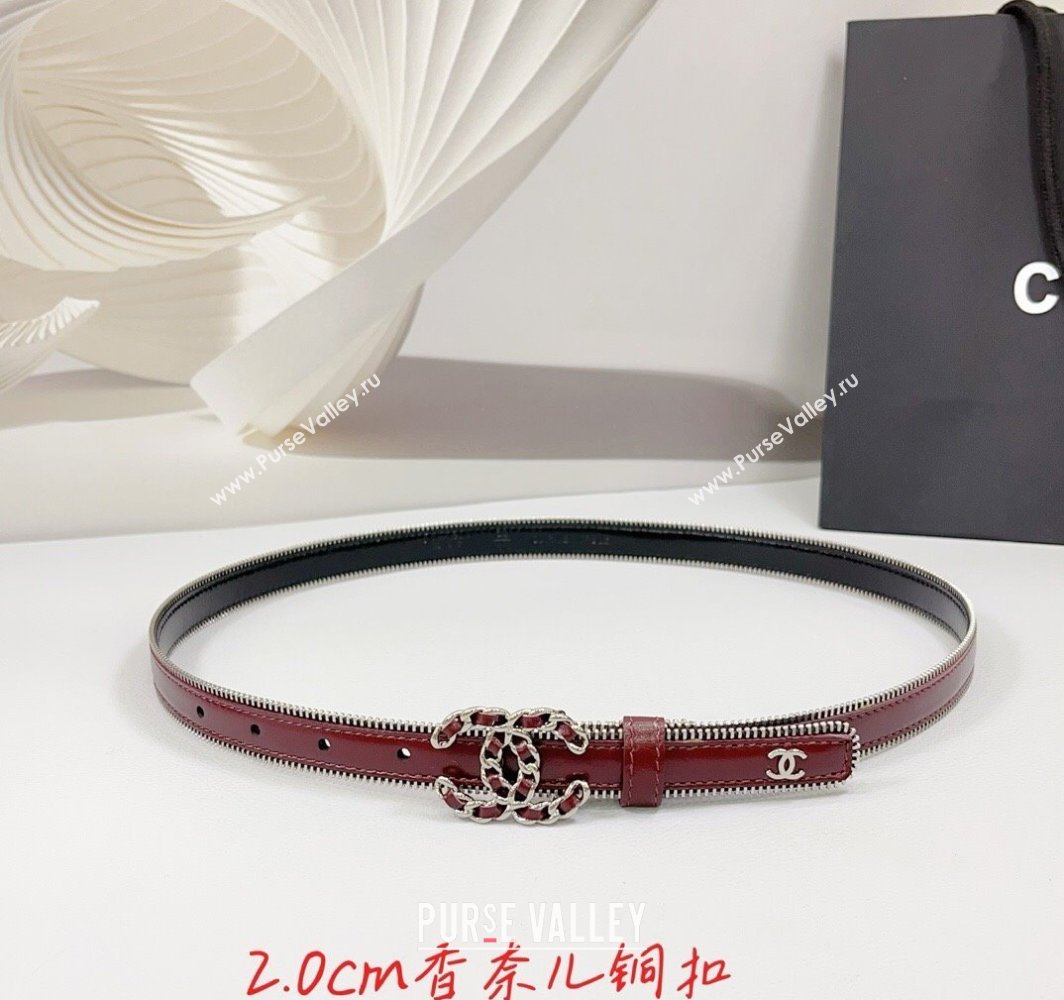 Chanel Calfskin Leather Belt 2cm with Chain CC and Zip Trim Dark Burgundy 2025 CH010902 (99-250109060)