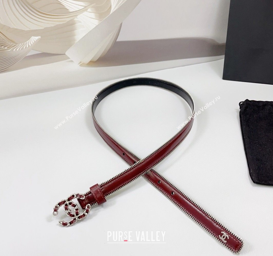 Chanel Calfskin Leather Belt 2cm with Chain CC and Zip Trim Dark Burgundy 2025 CH010902 (99-250109060)