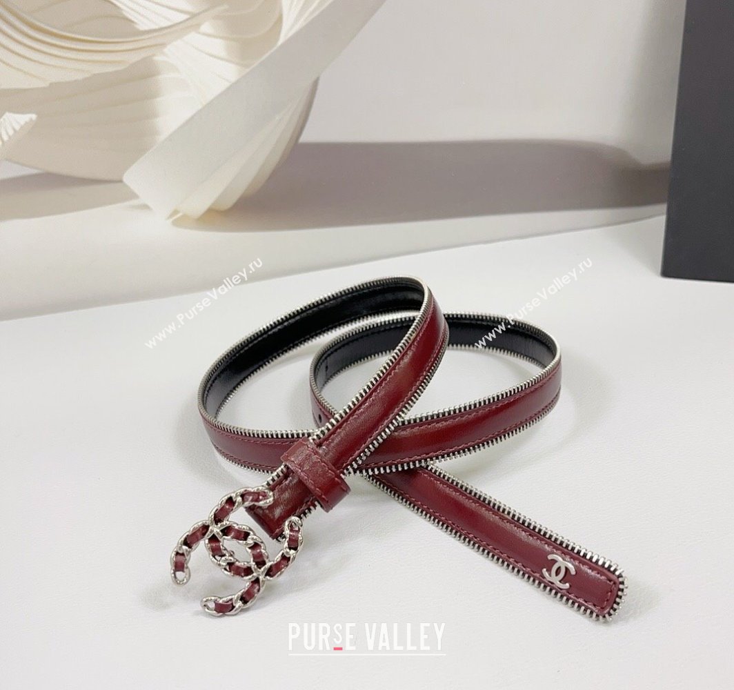 Chanel Calfskin Leather Belt 2cm with Chain CC and Zip Trim Dark Burgundy 2025 CH010902 (99-250109060)