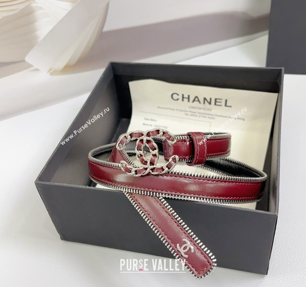 Chanel Calfskin Leather Belt 2cm with Chain CC and Zip Trim Dark Burgundy 2025 CH010902 (99-250109060)