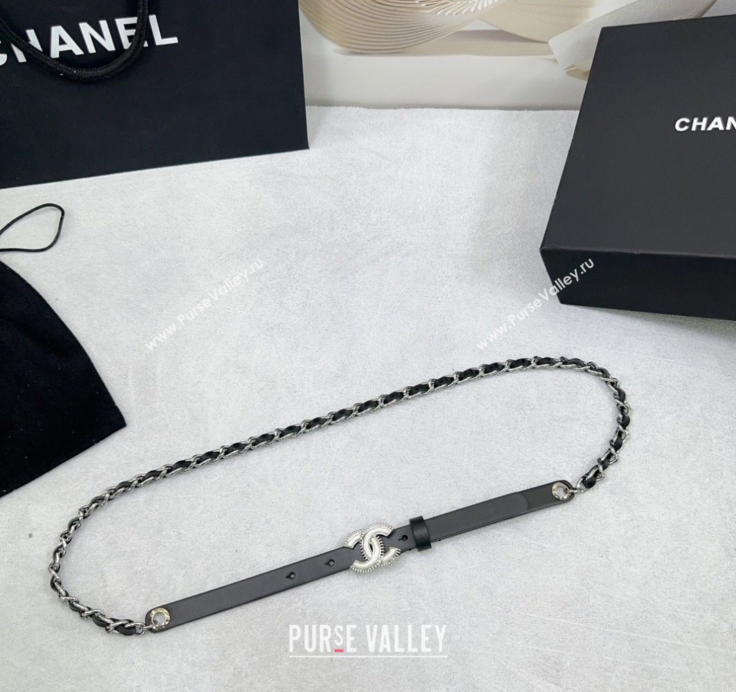 Chanel Calfskin Chain Belt 1.5cm with White Resin CC Black Silver 2025 AAA576 (99-250109068)