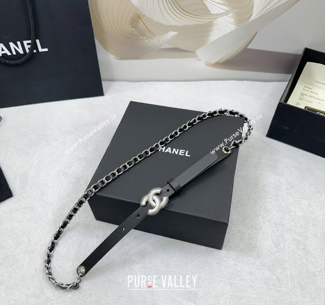 Chanel Calfskin Chain Belt 1.5cm with White Resin CC Black Silver 2025 AAA576 (99-250109068)