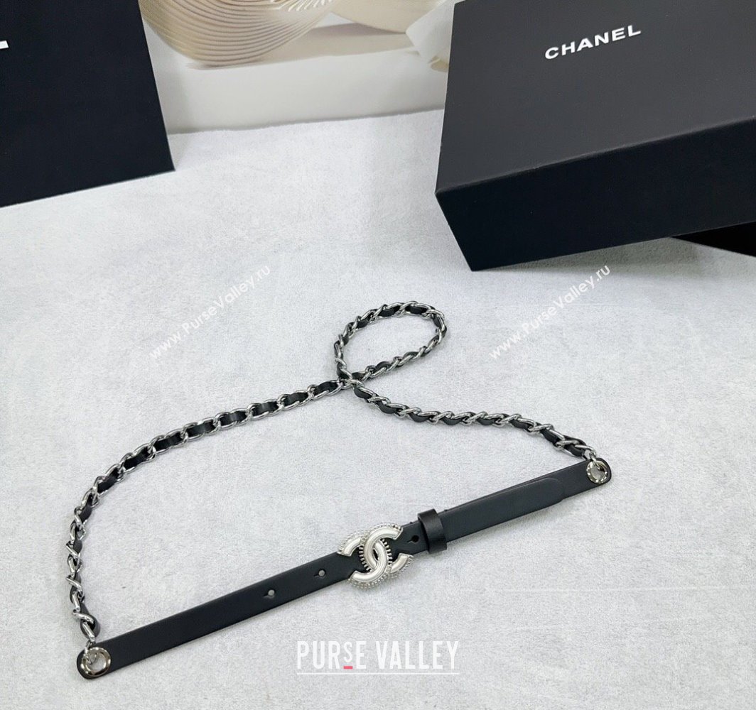 Chanel Calfskin Chain Belt 1.5cm with White Resin CC Black Silver 2025 AAA576 (99-250109068)