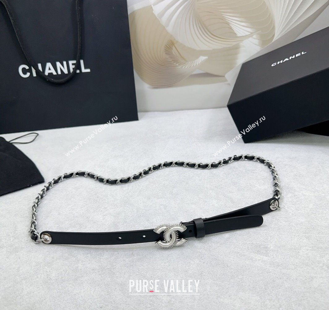 Chanel Calfskin Chain Belt 1.5cm with White Resin CC Black Silver 2025 AAA576 (99-250109068)