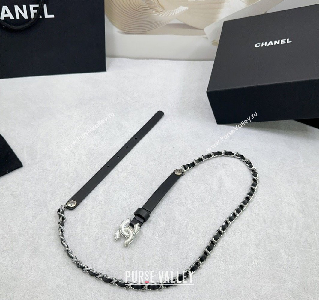 Chanel Calfskin Chain Belt 1.5cm with White Resin CC Black Silver 2025 AAA576 (99-250109068)