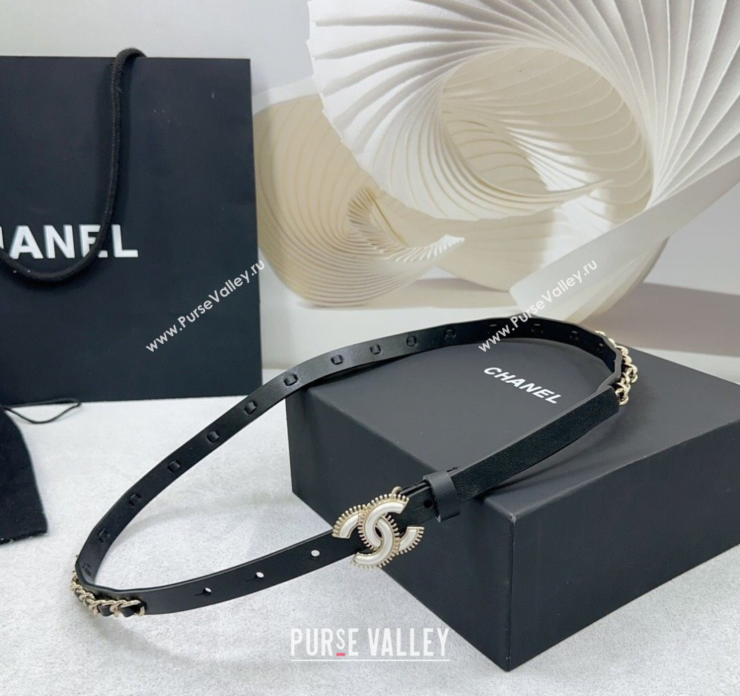 Chanel Calfskin Chain Trim Belt 1.5cm with White Resin CC Black 2025 AAA576 (99-250109070)
