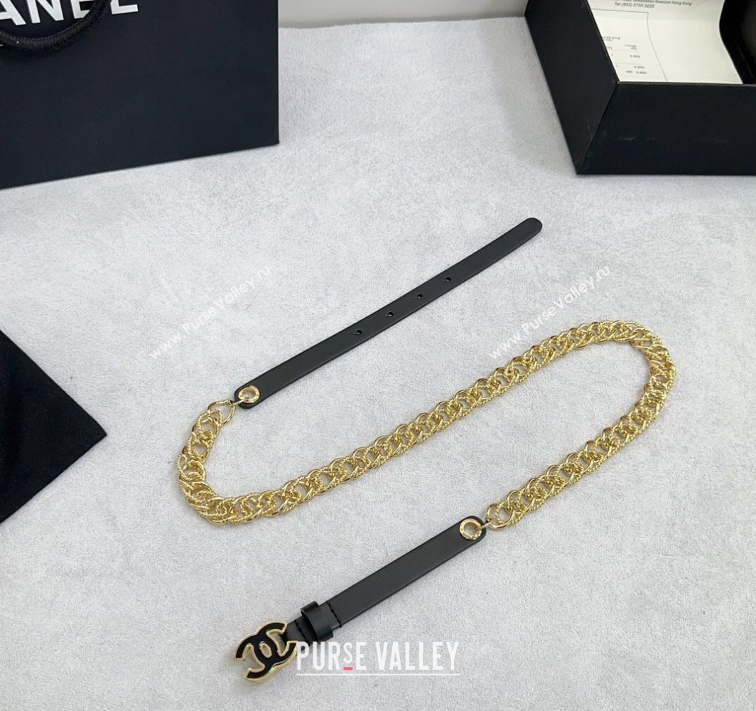 Chanel Calfskin Chain Belt 1.5cm with Black CC Buckle Black Leather 2025 AAA512 (99-250109075)