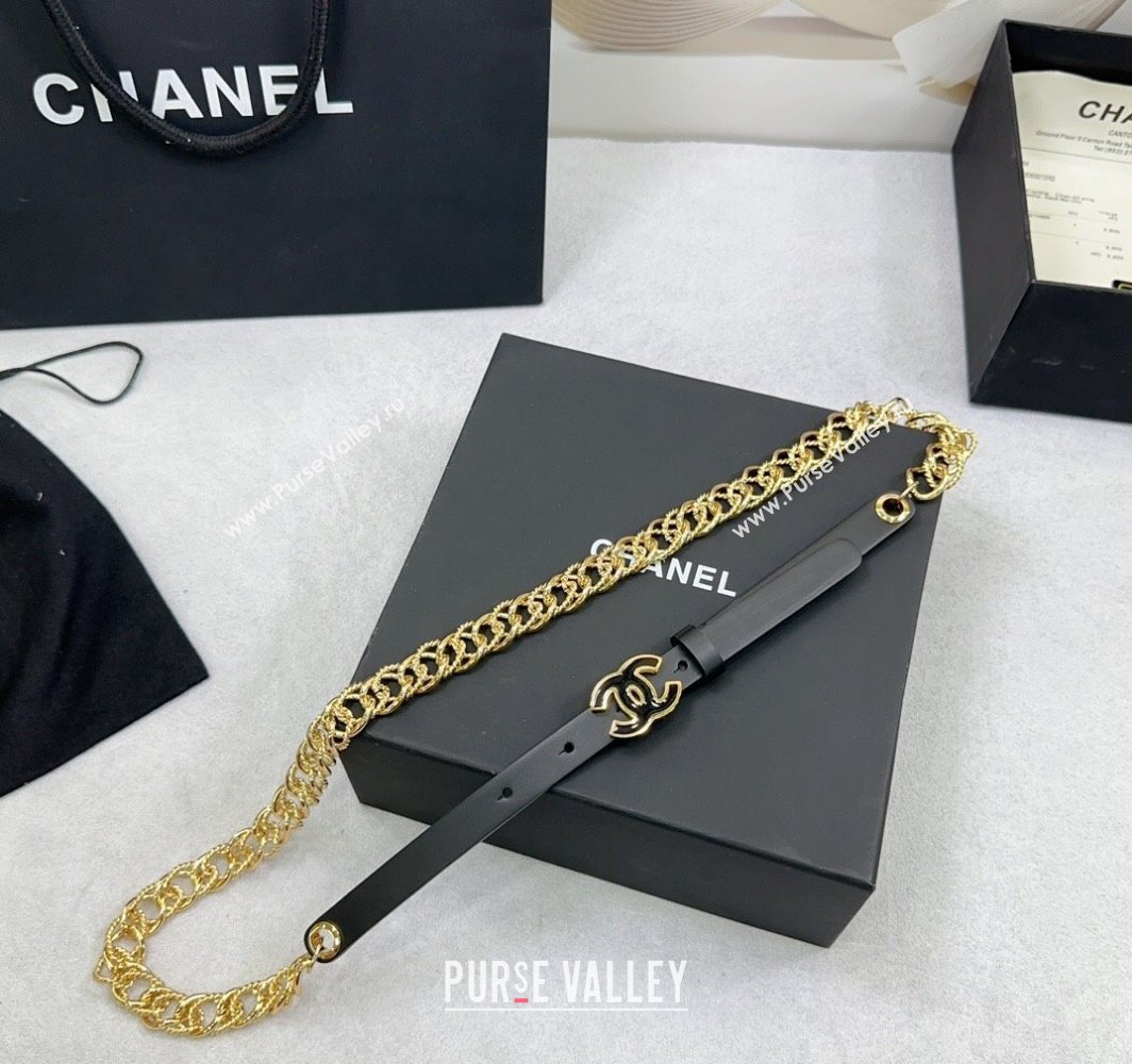 Chanel Calfskin Chain Belt 1.5cm with Black CC Buckle Black Leather 2025 AAA512 (99-250109075)