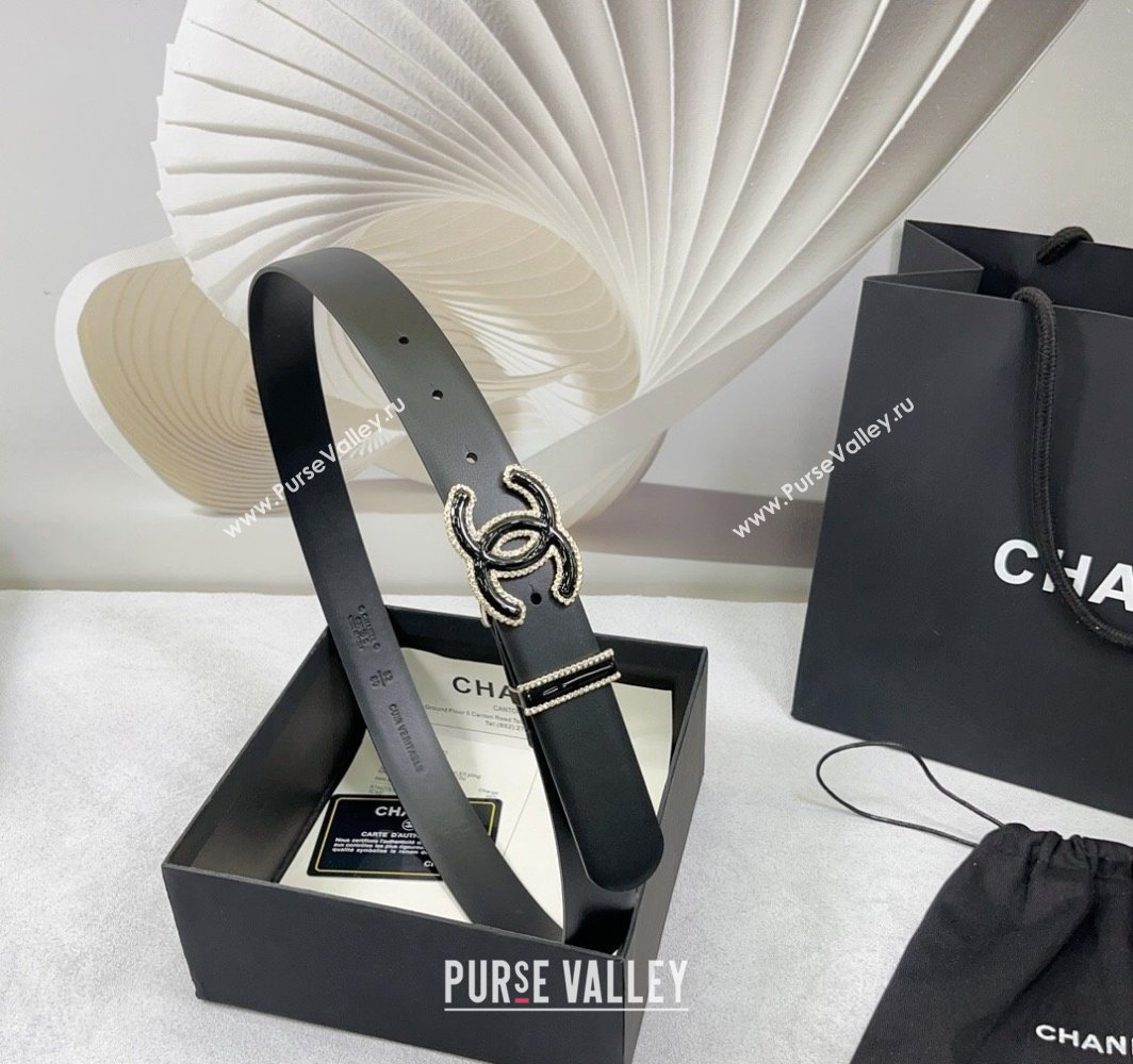 Chanel Calfskin Leather Belt 3cm with Black CC Buckle and Strass Black 2025 CH010904 (99-250109092)