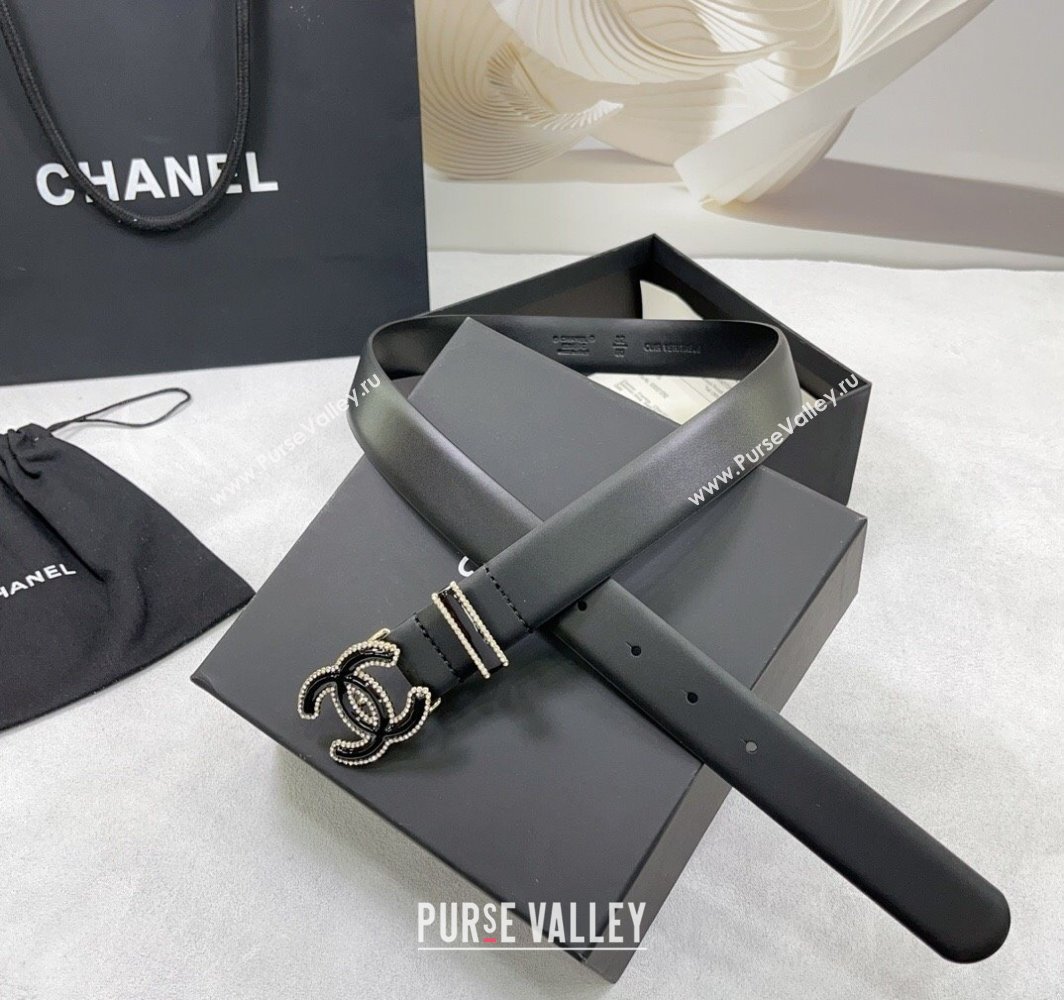 Chanel Calfskin Leather Belt 3cm with Black CC Buckle and Strass Black 2025 CH010904 (99-250109092)