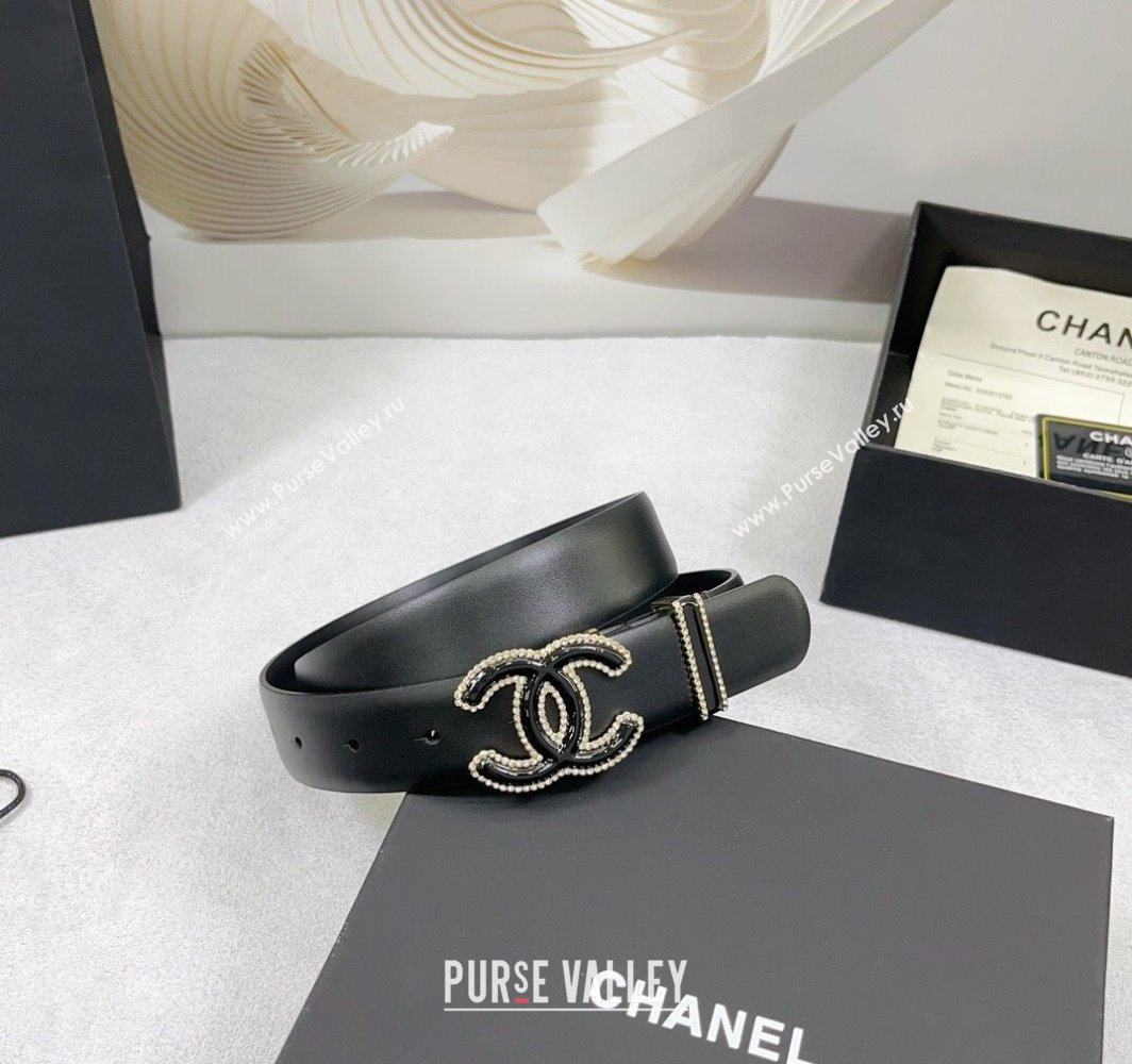 Chanel Calfskin Leather Belt 3cm with Black CC Buckle and Strass Black 2025 CH010904 (99-250109092)