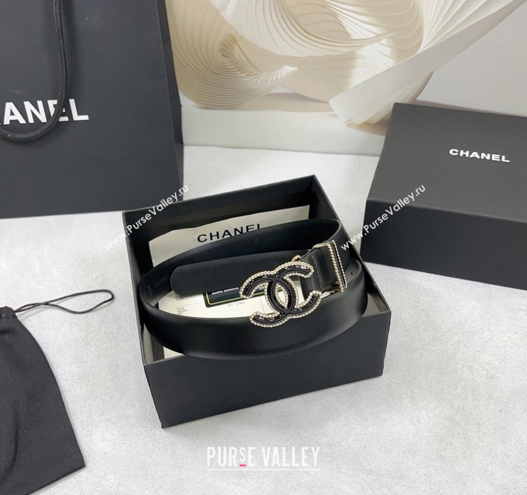 Chanel Calfskin Leather Belt 3cm with Black CC Buckle and Strass Black 2025 CH010904 (99-250109092)