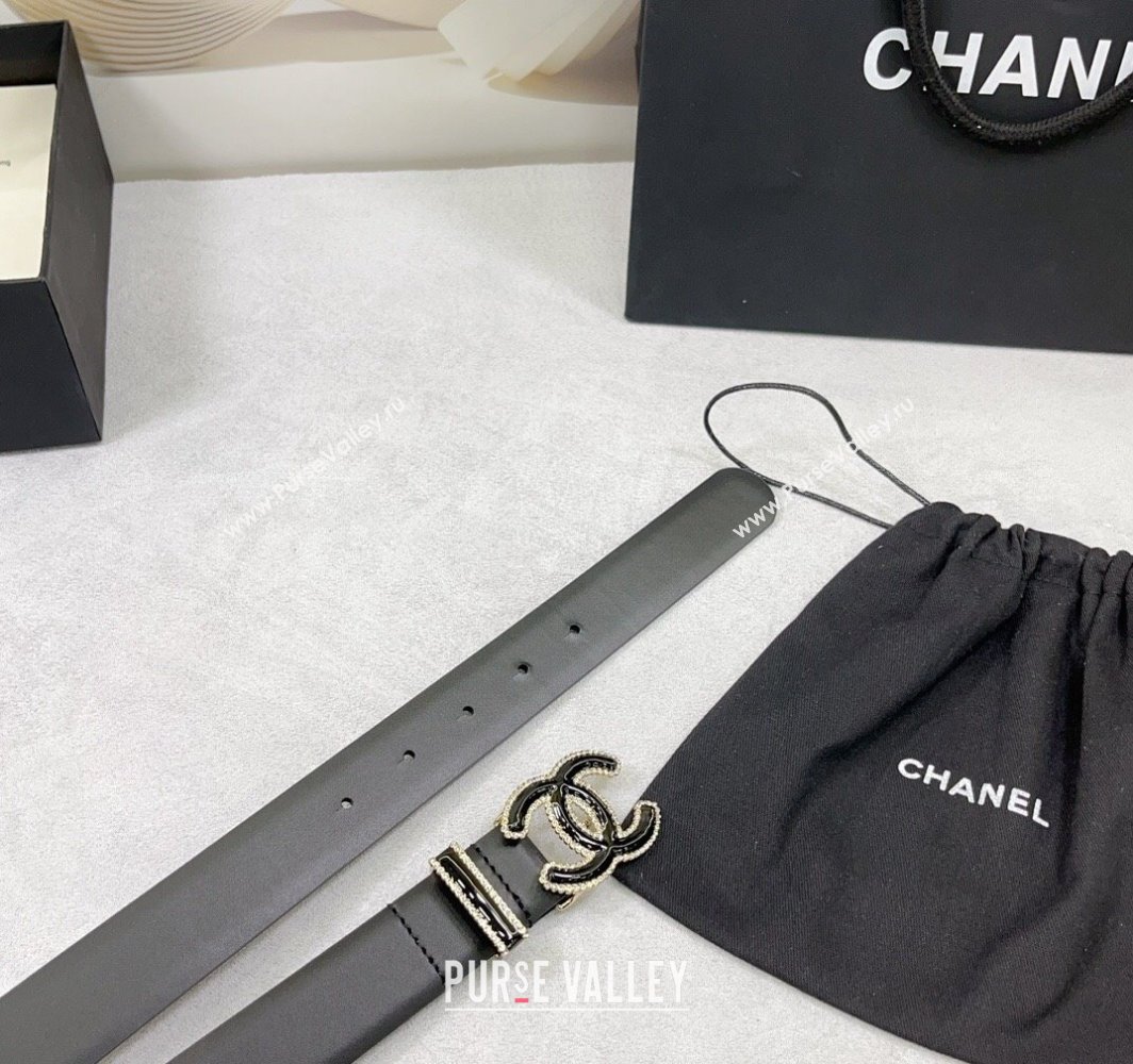 Chanel Calfskin Leather Belt 3cm with Black CC Buckle and Strass Black 2025 CH010904 (99-250109092)