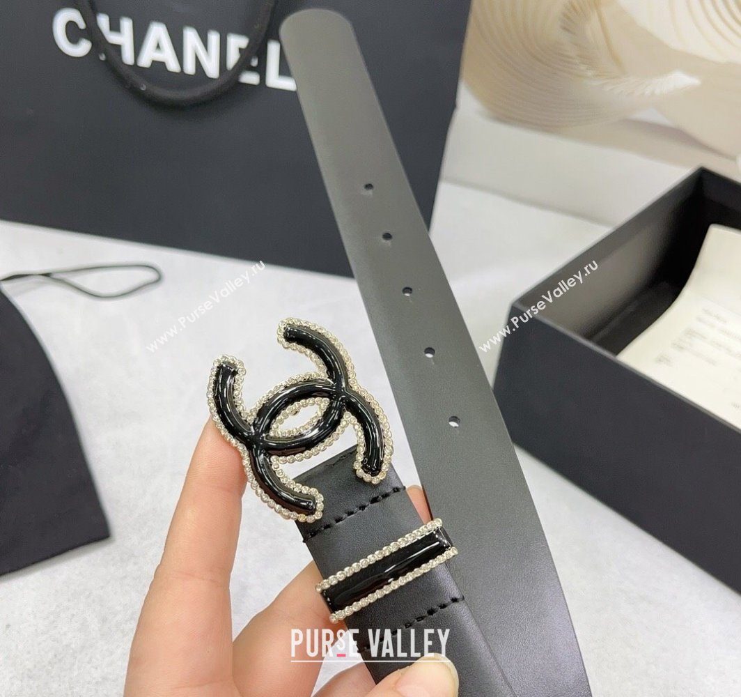 Chanel Calfskin Leather Belt 3cm with Black CC Buckle and Strass Black 2025 CH010904 (99-250109092)