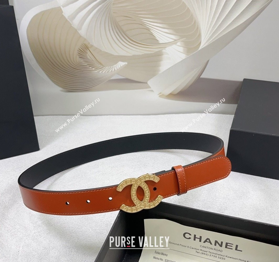 Chanel Calfskin Belt 3cm with CC Logo Buckle and Stitches Orange/Gold 2025 CH010901 (99-250109043)