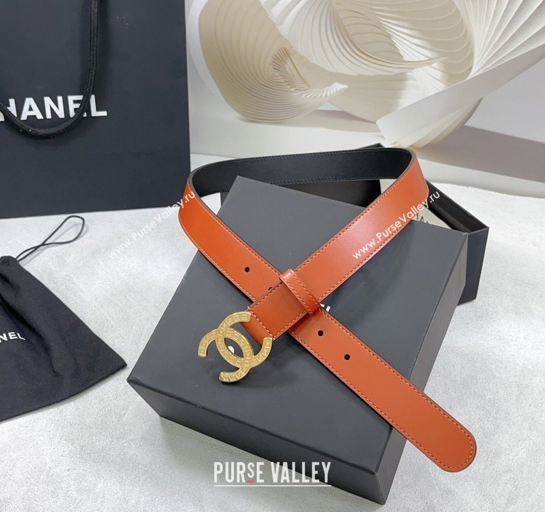 Chanel Calfskin Belt 3cm with CC Logo Buckle and Stitches Orange/Gold 2025 CH010901 (99-250109043)