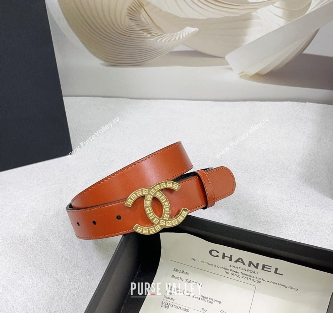 Chanel Calfskin Belt 3cm with CC Logo Buckle and Stitches Orange/Gold 2025 CH010901 (99-250109043)