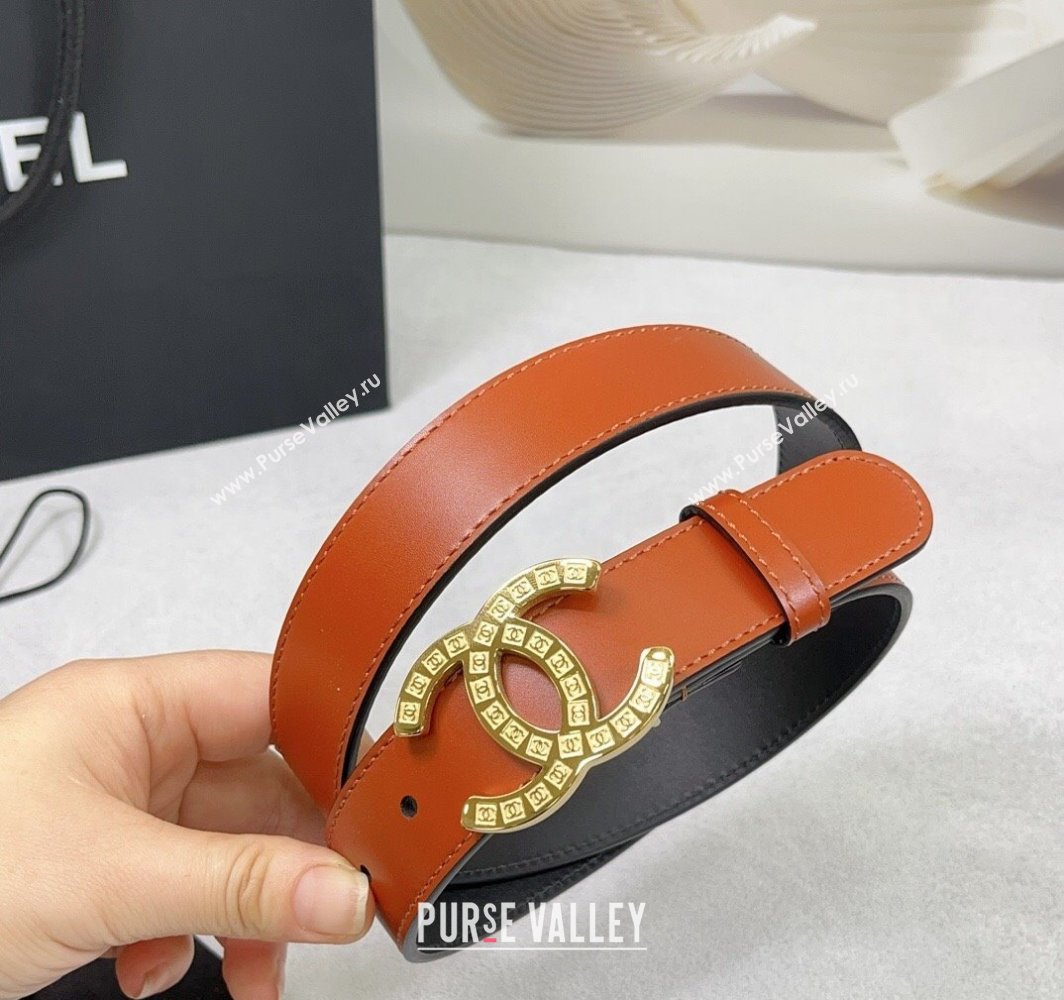 Chanel Calfskin Belt 3cm with CC Logo Buckle and Stitches Orange/Gold 2025 CH010901 (99-250109043)