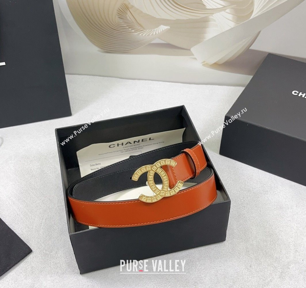 Chanel Calfskin Belt 3cm with CC Logo Buckle and Stitches Orange/Gold 2025 CH010901 (99-250109043)