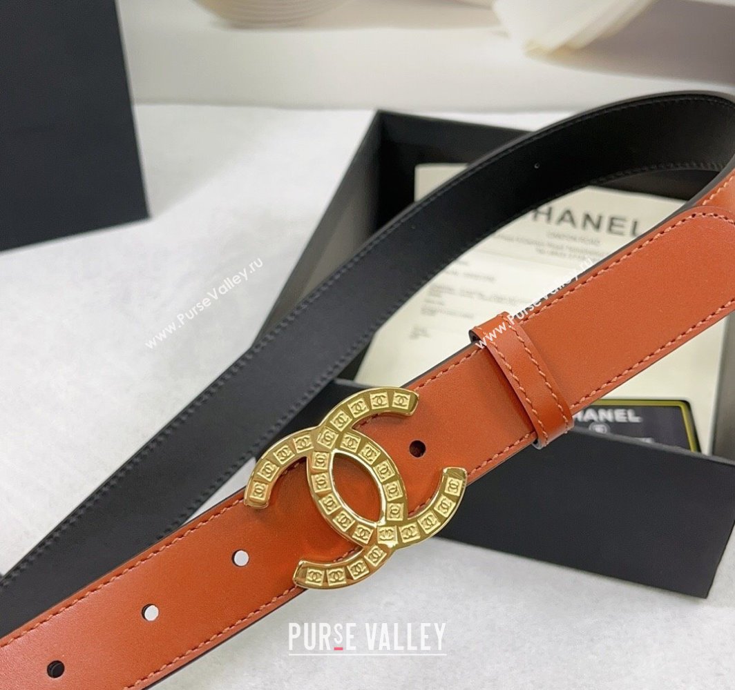 Chanel Calfskin Belt 3cm with CC Logo Buckle and Stitches Orange/Gold 2025 CH010901 (99-250109043)