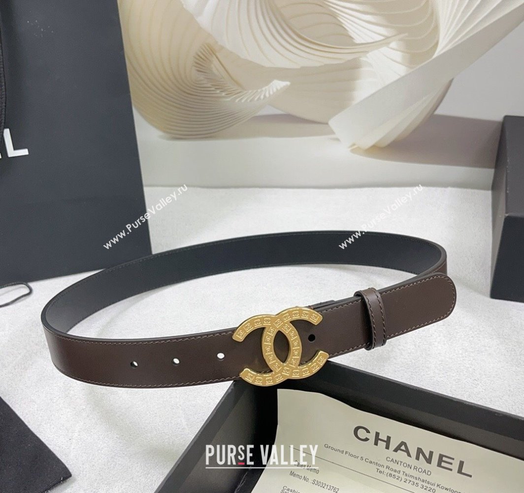 Chanel Calfskin Belt 3cm with CC Logo Buckle and Stitches Chocolate/Gold 2025 CH010901 (99-250109045)