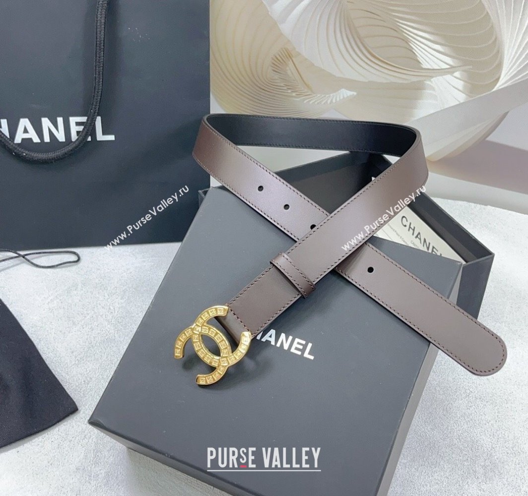 Chanel Calfskin Belt 3cm with CC Logo Buckle and Stitches Chocolate/Gold 2025 CH010901 (99-250109045)