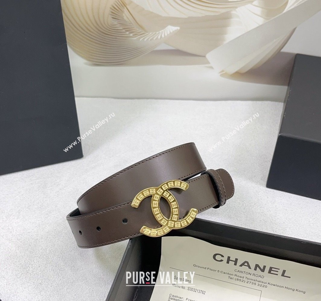 Chanel Calfskin Belt 3cm with CC Logo Buckle and Stitches Chocolate/Gold 2025 CH010901 (99-250109045)