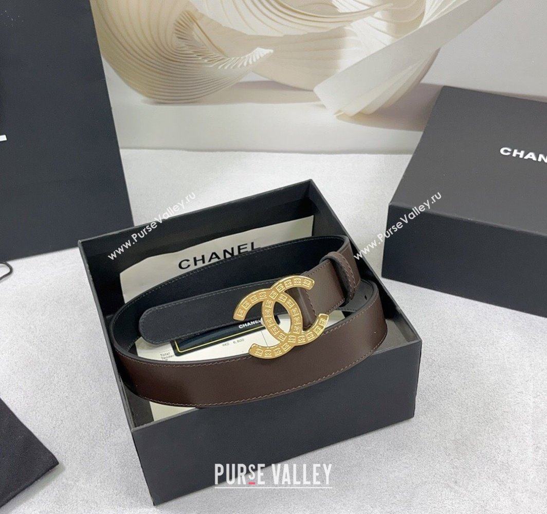 Chanel Calfskin Belt 3cm with CC Logo Buckle and Stitches Chocolate/Gold 2025 CH010901 (99-250109045)