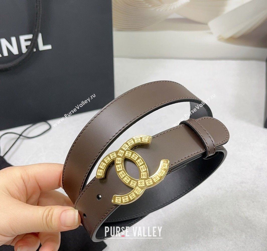 Chanel Calfskin Belt 3cm with CC Logo Buckle and Stitches Chocolate/Gold 2025 CH010901 (99-250109045)