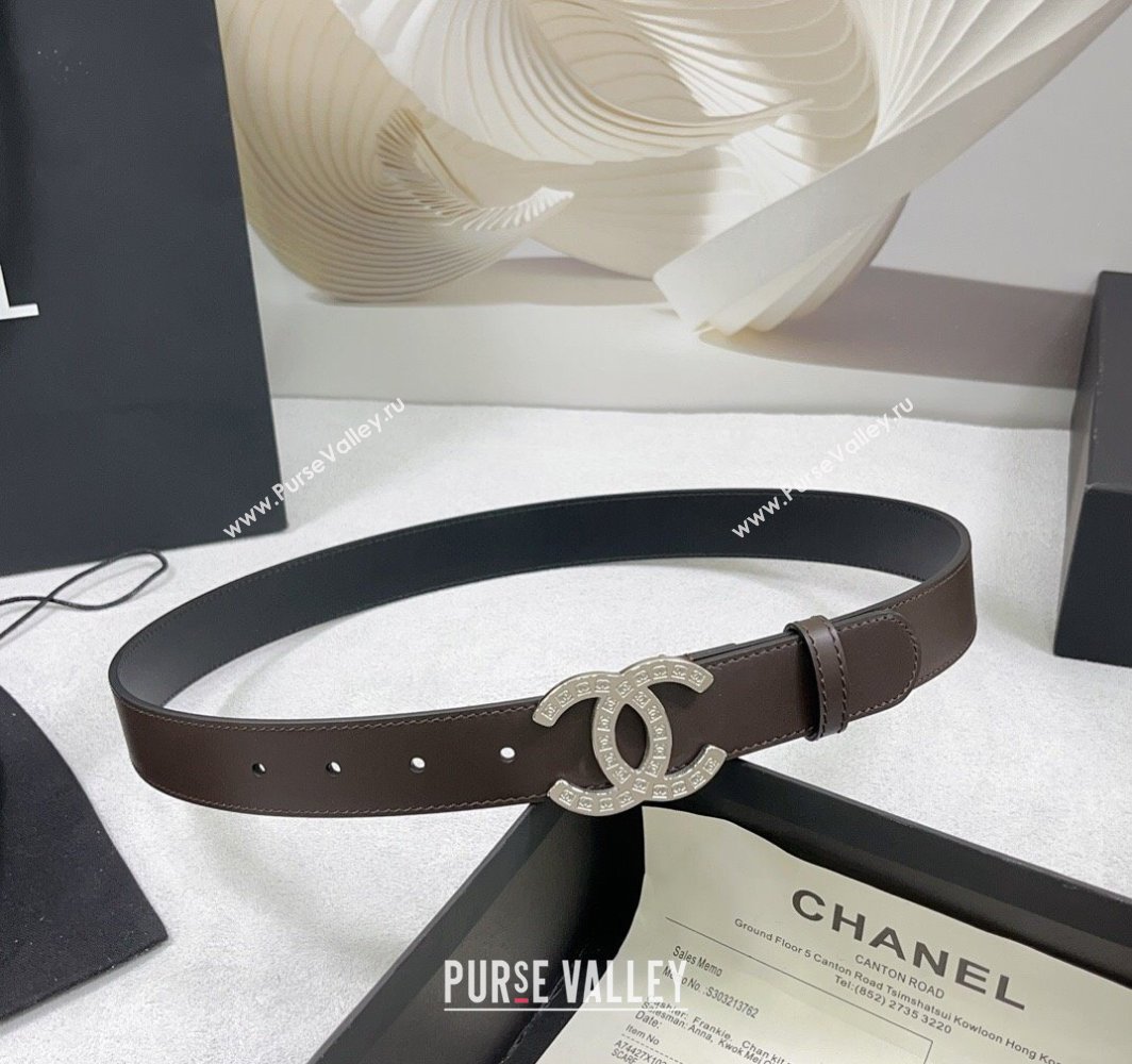 Chanel Calfskin Belt 3cm with CC Logo Buckle and Stitches Chocolate/Silver 2025 CH010901 (99-250109046)