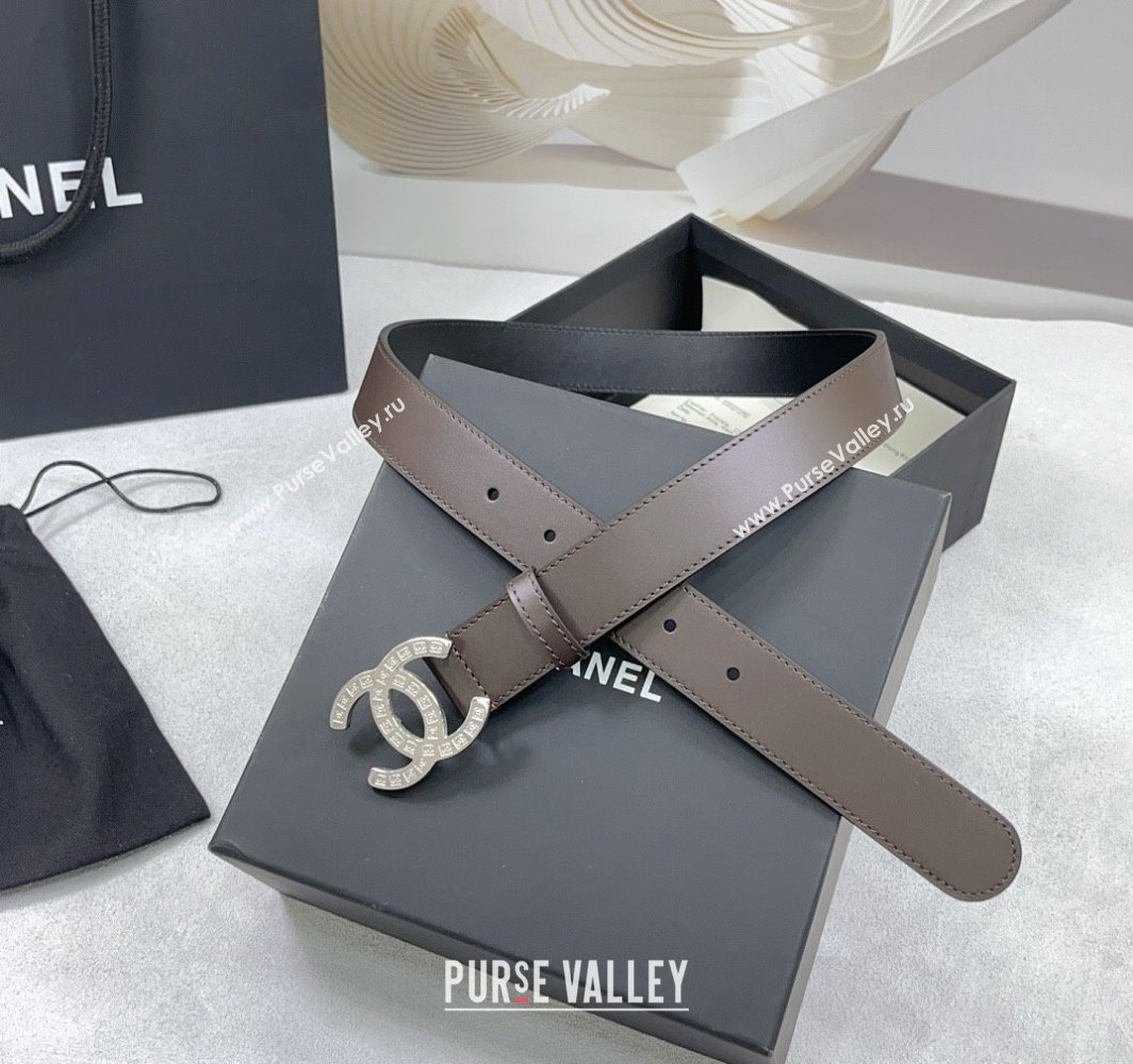 Chanel Calfskin Belt 3cm with CC Logo Buckle and Stitches Chocolate/Silver 2025 CH010901 (99-250109046)