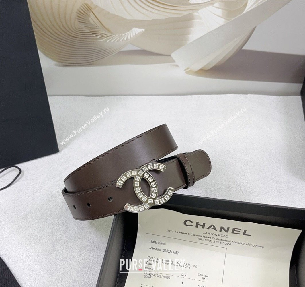 Chanel Calfskin Belt 3cm with CC Logo Buckle and Stitches Chocolate/Silver 2025 CH010901 (99-250109046)