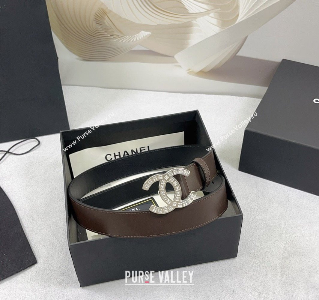 Chanel Calfskin Belt 3cm with CC Logo Buckle and Stitches Chocolate/Silver 2025 CH010901 (99-250109046)