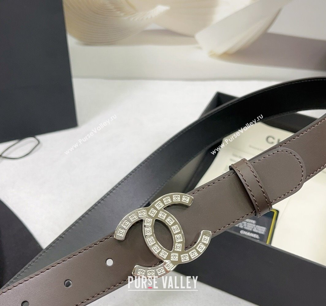 Chanel Calfskin Belt 3cm with CC Logo Buckle and Stitches Chocolate/Silver 2025 CH010901 (99-250109046)