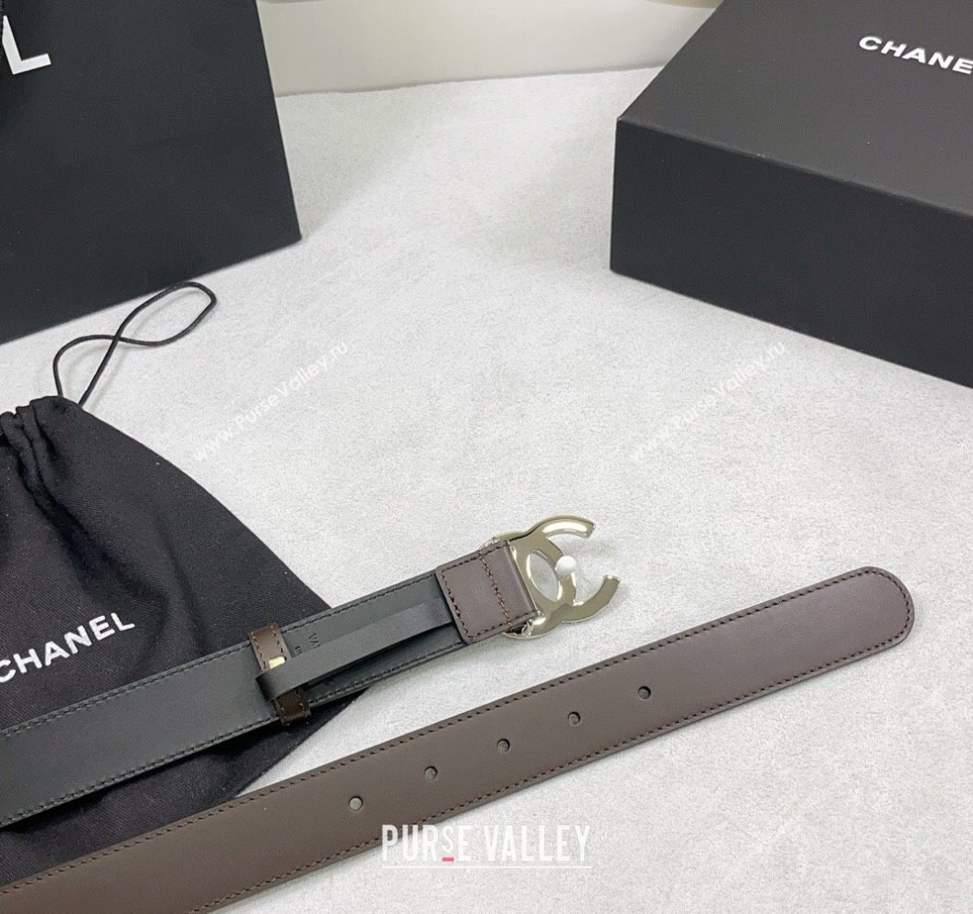 Chanel Calfskin Belt 3cm with CC Logo Buckle and Stitches Chocolate/Silver 2025 CH010901 (99-250109046)