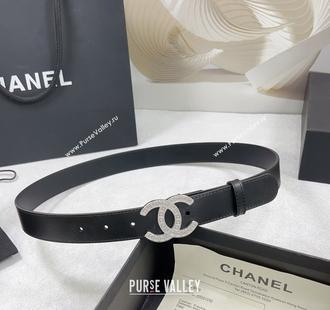 Chanel Calfskin Belt 3cm with CC Logo Buckle and Stitches Black/Silver 2025 CH010901 (99-250109049)