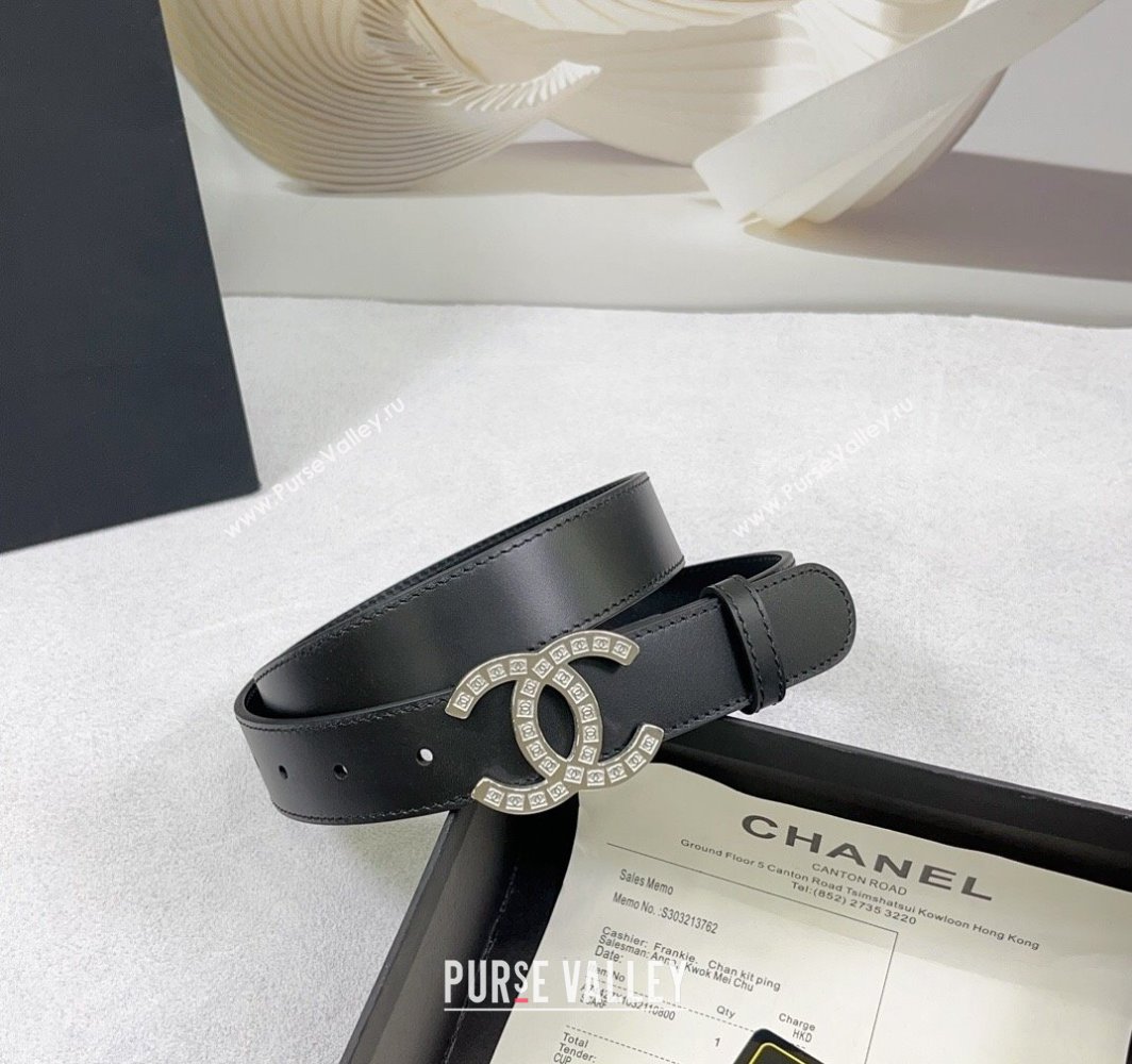 Chanel Calfskin Belt 3cm with CC Logo Buckle and Stitches Black/Silver 2025 CH010901 (99-250109049)