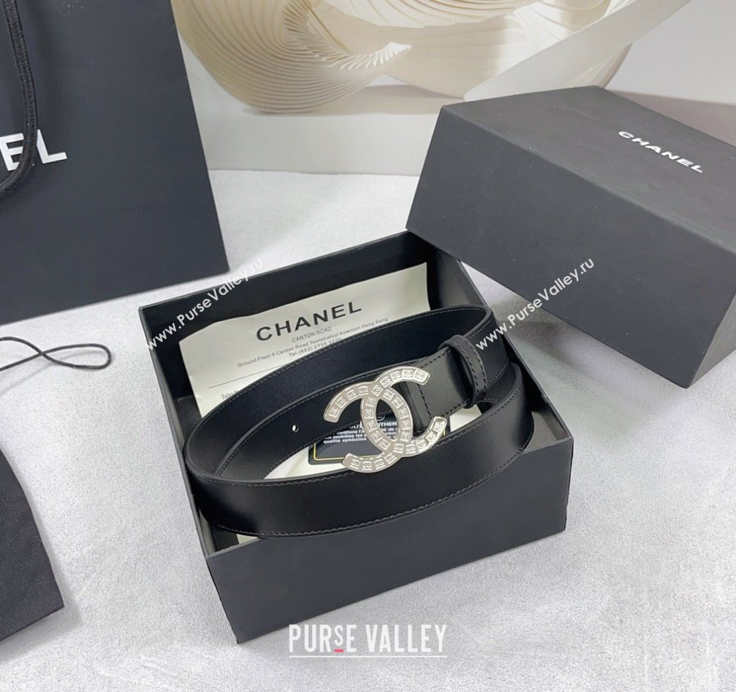 Chanel Calfskin Belt 3cm with CC Logo Buckle and Stitches Black/Silver 2025 CH010901 (99-250109049)