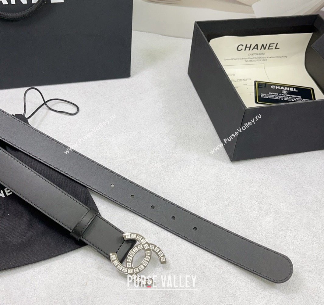 Chanel Calfskin Belt 3cm with CC Logo Buckle and Stitches Black/Silver 2025 CH010901 (99-250109049)