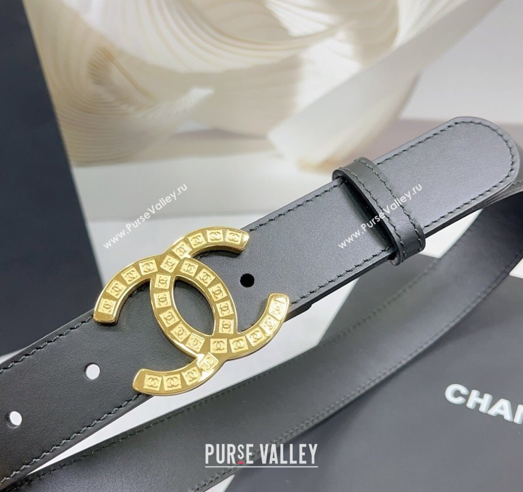 Chanel Calfskin Belt 3cm with CC Logo Buckle and Stitches Black/Gold 2025 CH010901 (99-250109050)