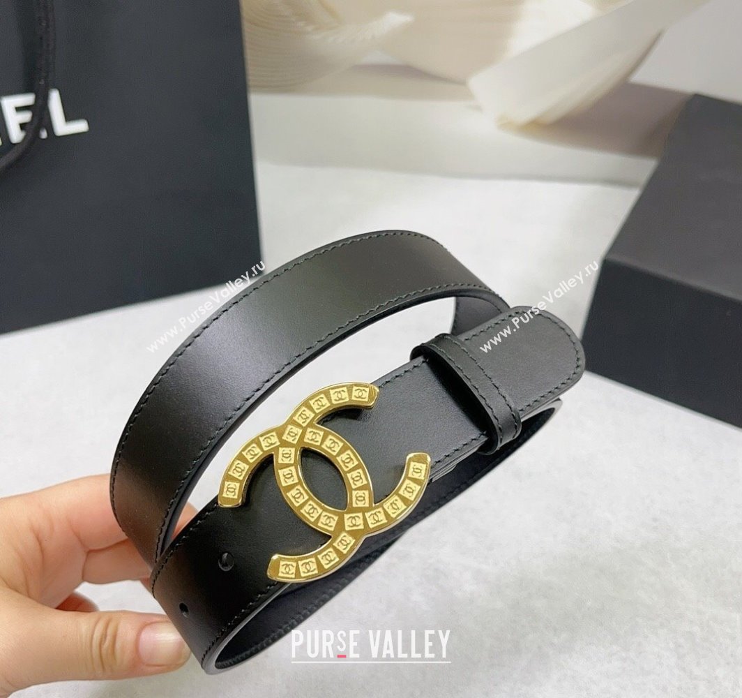 Chanel Calfskin Belt 3cm with CC Logo Buckle and Stitches Black/Gold 2025 CH010901 (99-250109050)