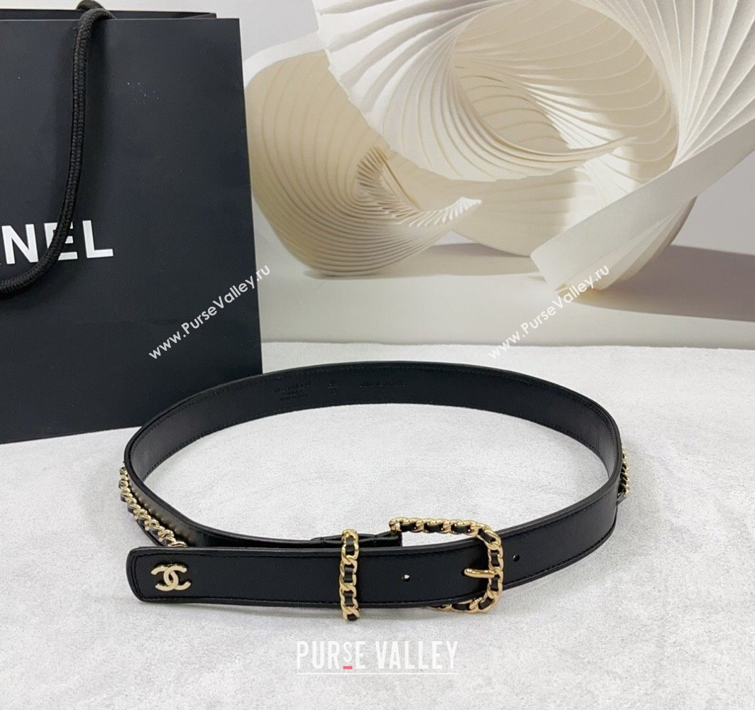 Chanel Calfskin Leather Belt 3cm with Chain Trim Black 2025 CH010903 (99-250109063)