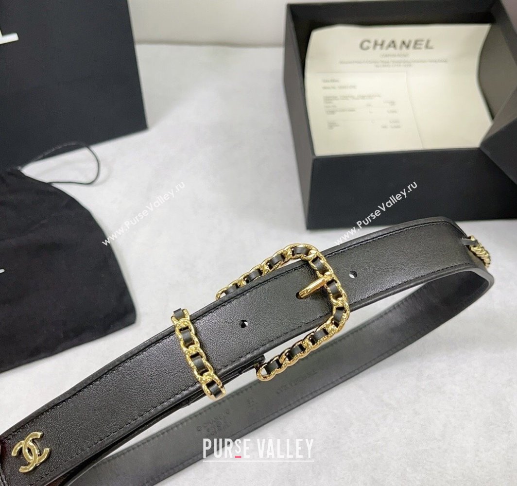 Chanel Calfskin Leather Belt 3cm with Chain Trim Black 2025 CH010903 (99-250109063)