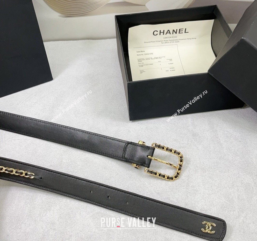 Chanel Calfskin Leather Belt 3cm with Chain Trim Black 2025 CH010903 (99-250109063)