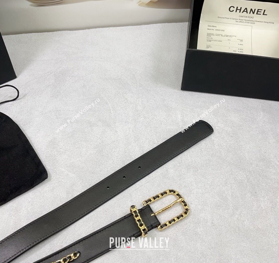 Chanel Calfskin Leather Belt 3cm with Chain Trim Black 2025 CH010903 (99-250109063)