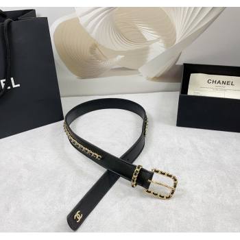 Chanel Calfskin Leather Belt 3cm with Chain Trim Black 2025 CH010903 (99-250109063)