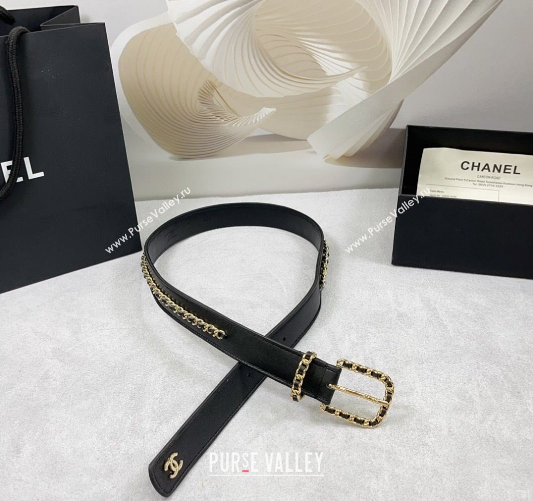 Chanel Calfskin Leather Belt 3cm with Chain Trim Black 2025 CH010903 (99-250109063)