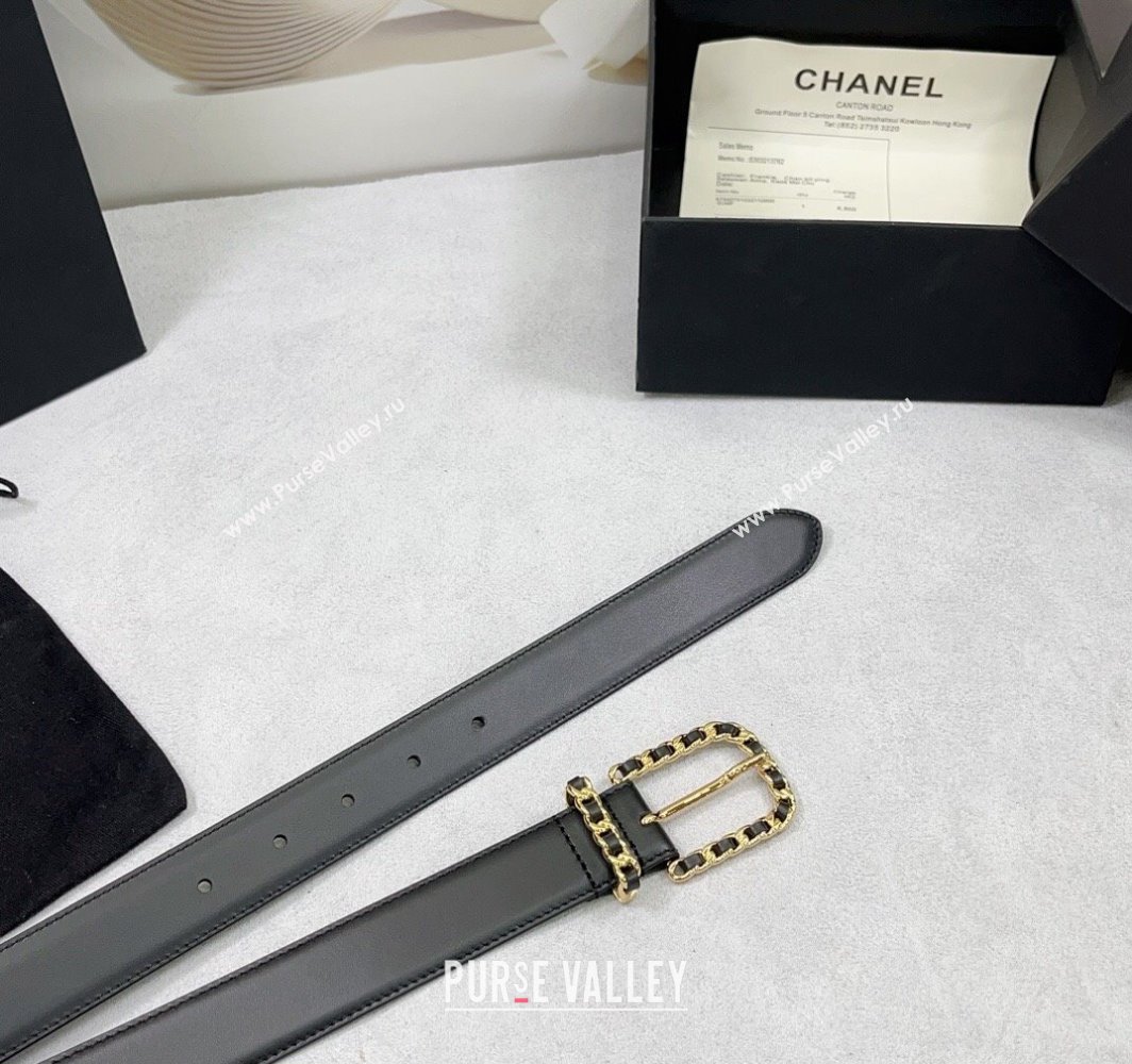 Chanel Calfskin Belt 3cm with Chain and Stitches Black/Gold 2025 AAA600 (99-250109014)