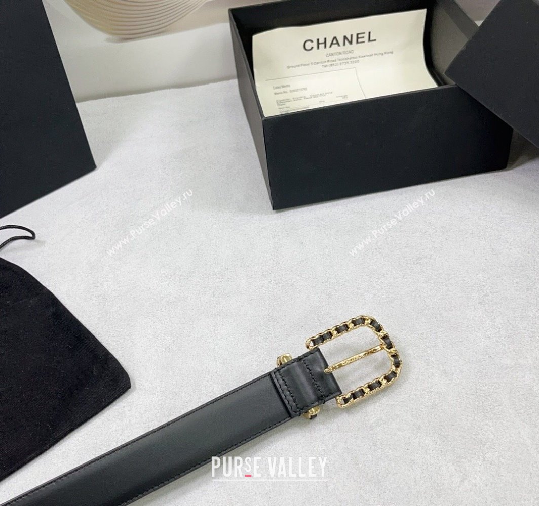 Chanel Calfskin Belt 3cm with Chain and Stitches Black/Gold 2025 AAA600 (99-250109014)