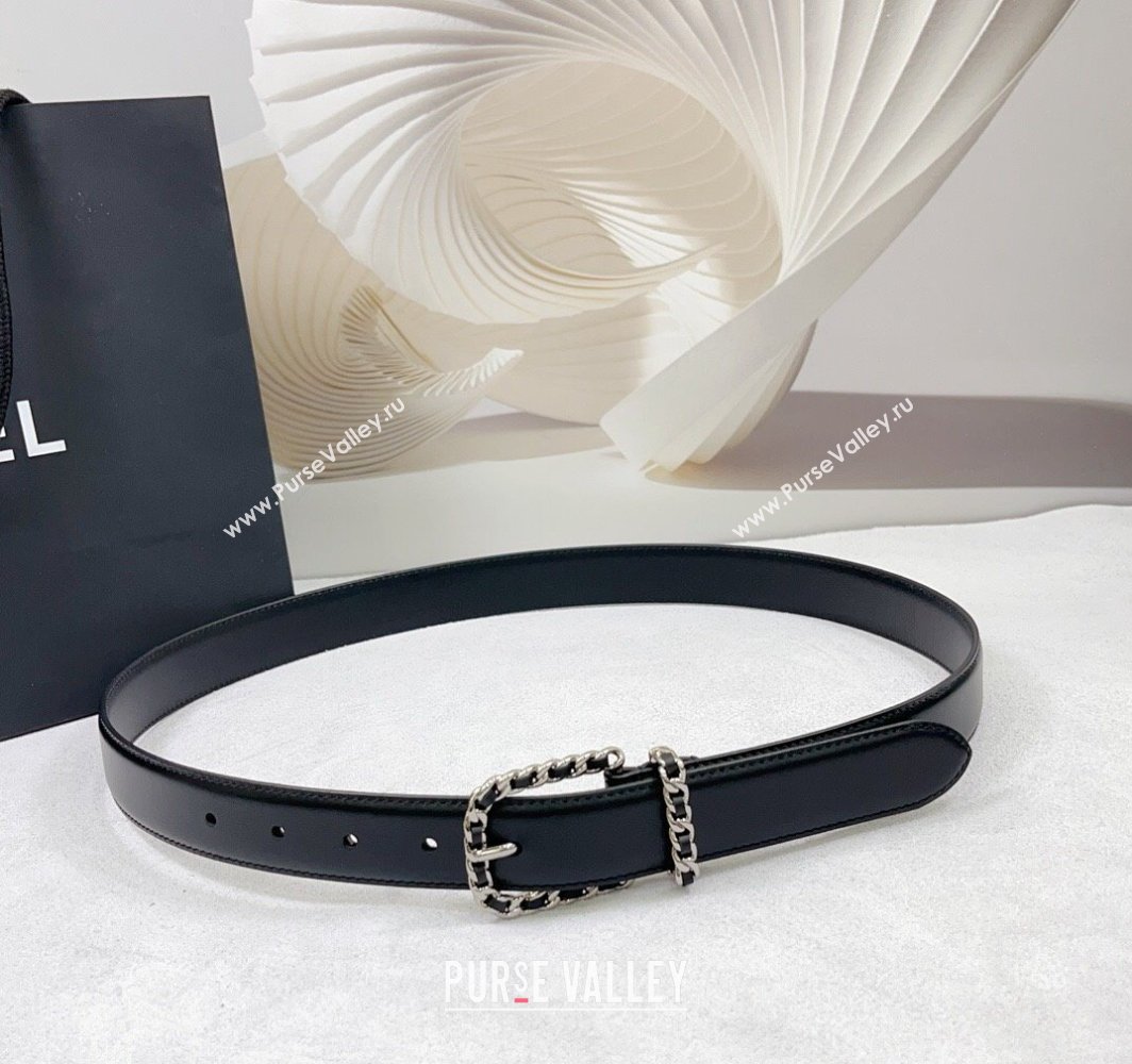 Chanel Calfskin Belt 3cm with Chain and Stitches Black/Silver 2025 AAA600 (99-250109015)